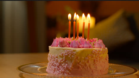 Close-Up-Of-Party-Celebration-Cake-For-Birthday-Decorated-With-Icing-And-Candles-On-Table-At-Home-6